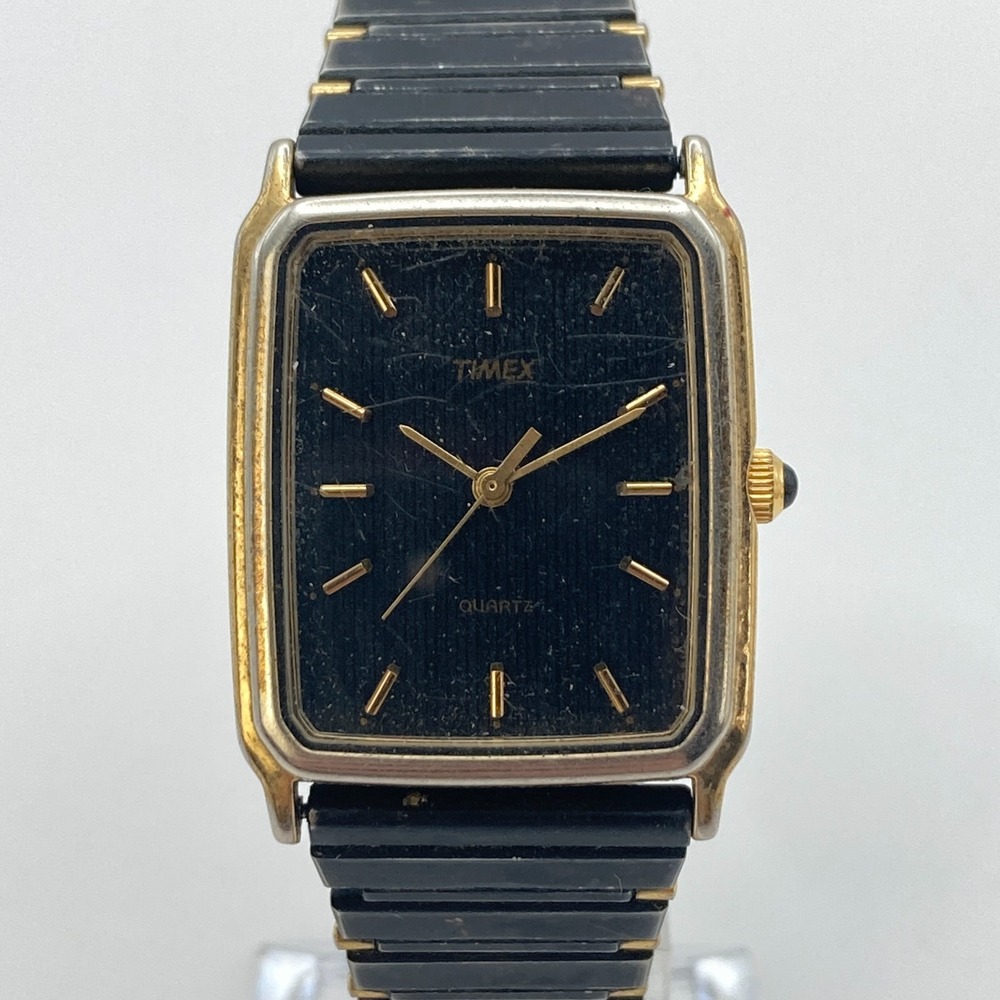 Vtg Timex Men's Tank Watch Gold Tone Black 25mm Pinstripe Dial New Battery 80s